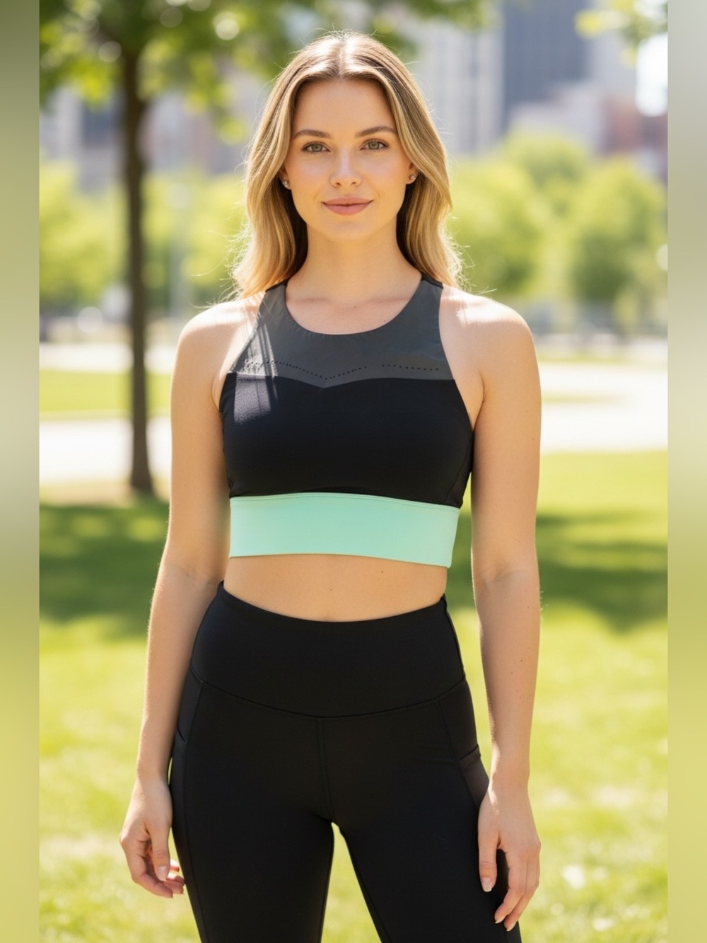 Fabletics Sports Bra | Black Mint Green | Racerback Mesh Ventilation | Small